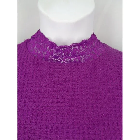 LOGO Lori Goldstein Purple Metallic Waffle Knit Mock Neck Top Lace Sz Large New - Picture 6 of 15